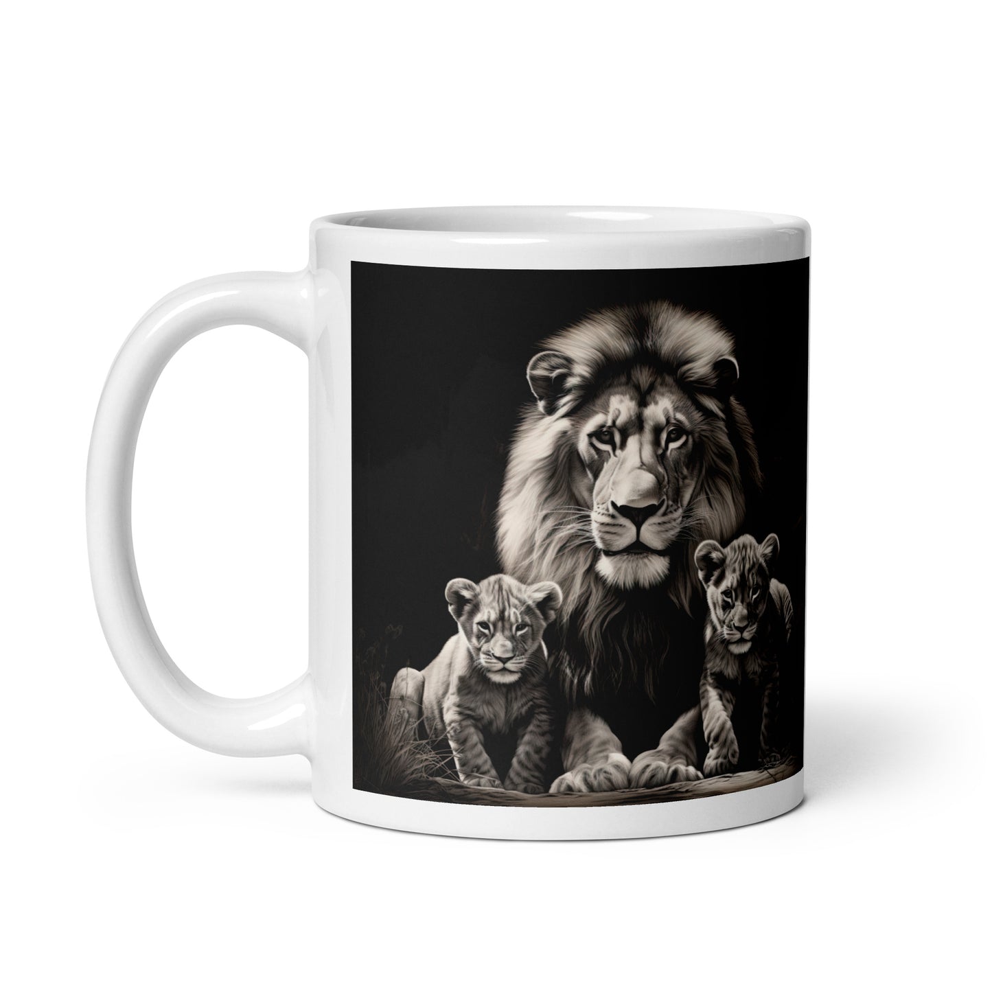White glossy mug - Male Lion with Cubs 1