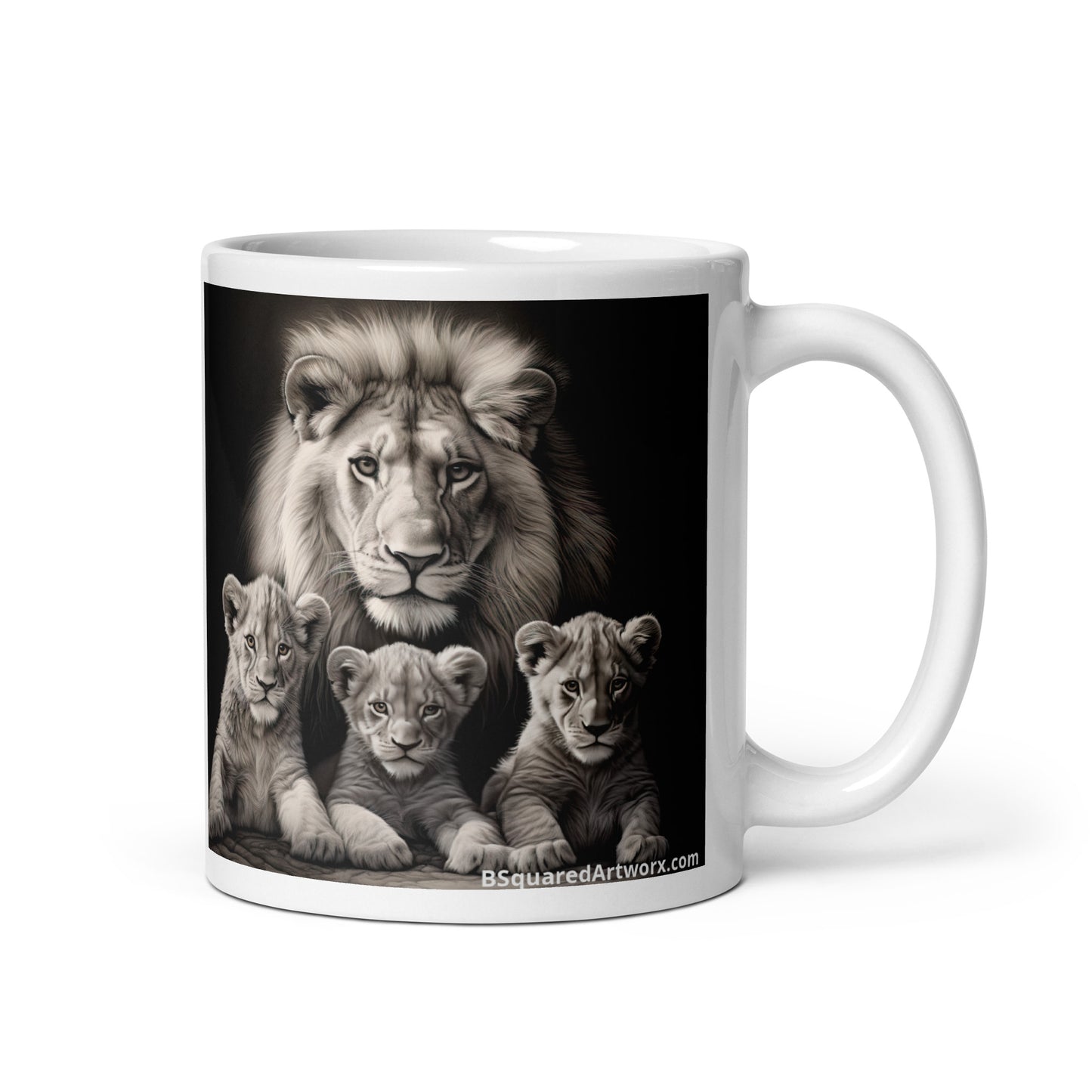 White glossy mug - Male Lion with Cubs 1