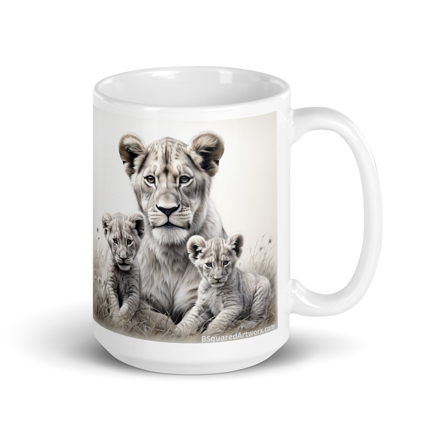 White glossy mug - Female Lion with Cubs 1