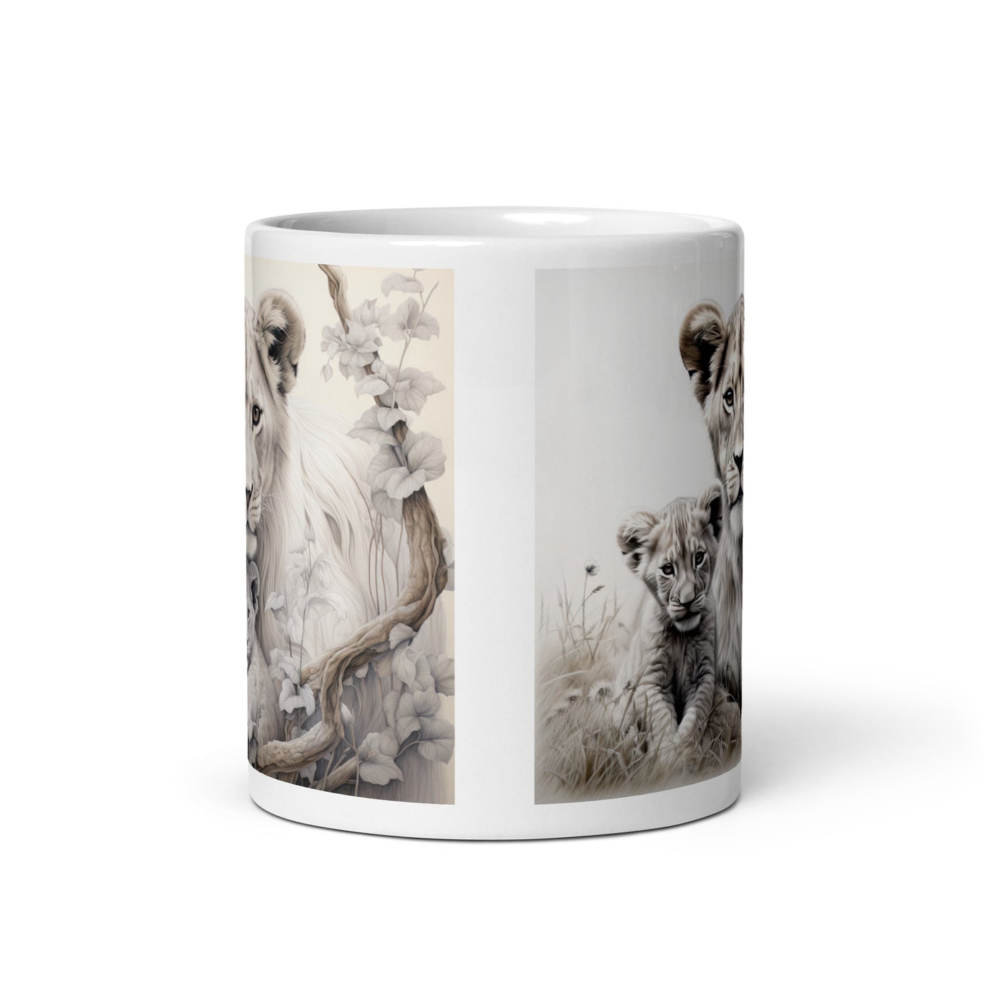 White glossy mug - Female Lion with Cubs 1