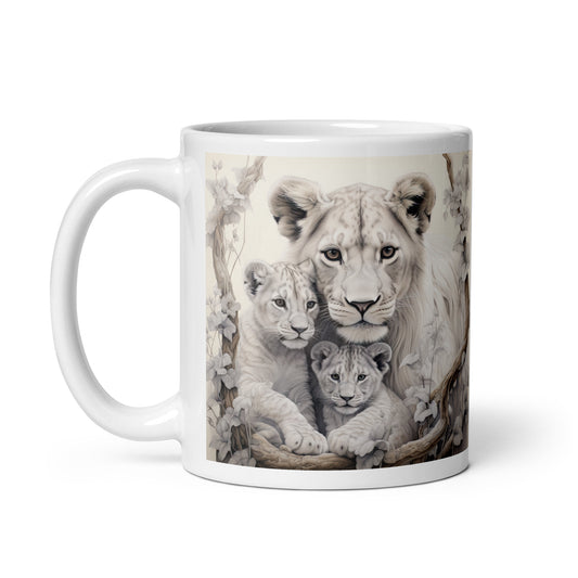 White glossy mug - Female Lion with Cubs 1