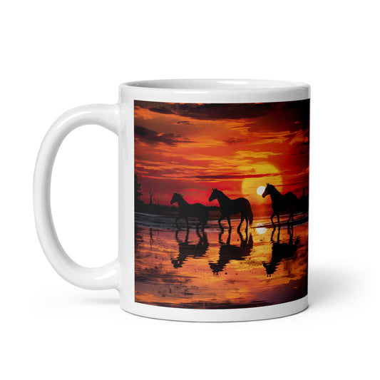 White glossy mug - Horses at Sunset 1