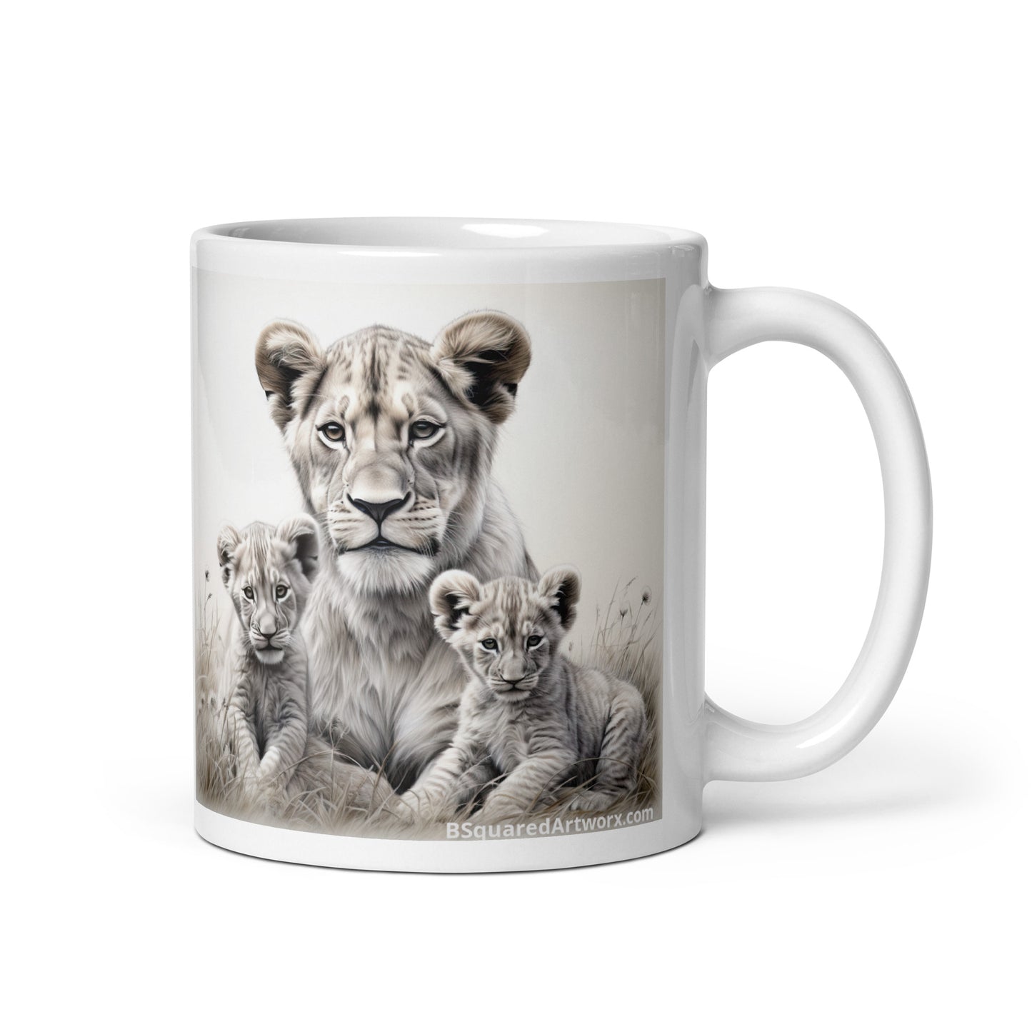 White glossy mug - Female Lion with Cubs 1