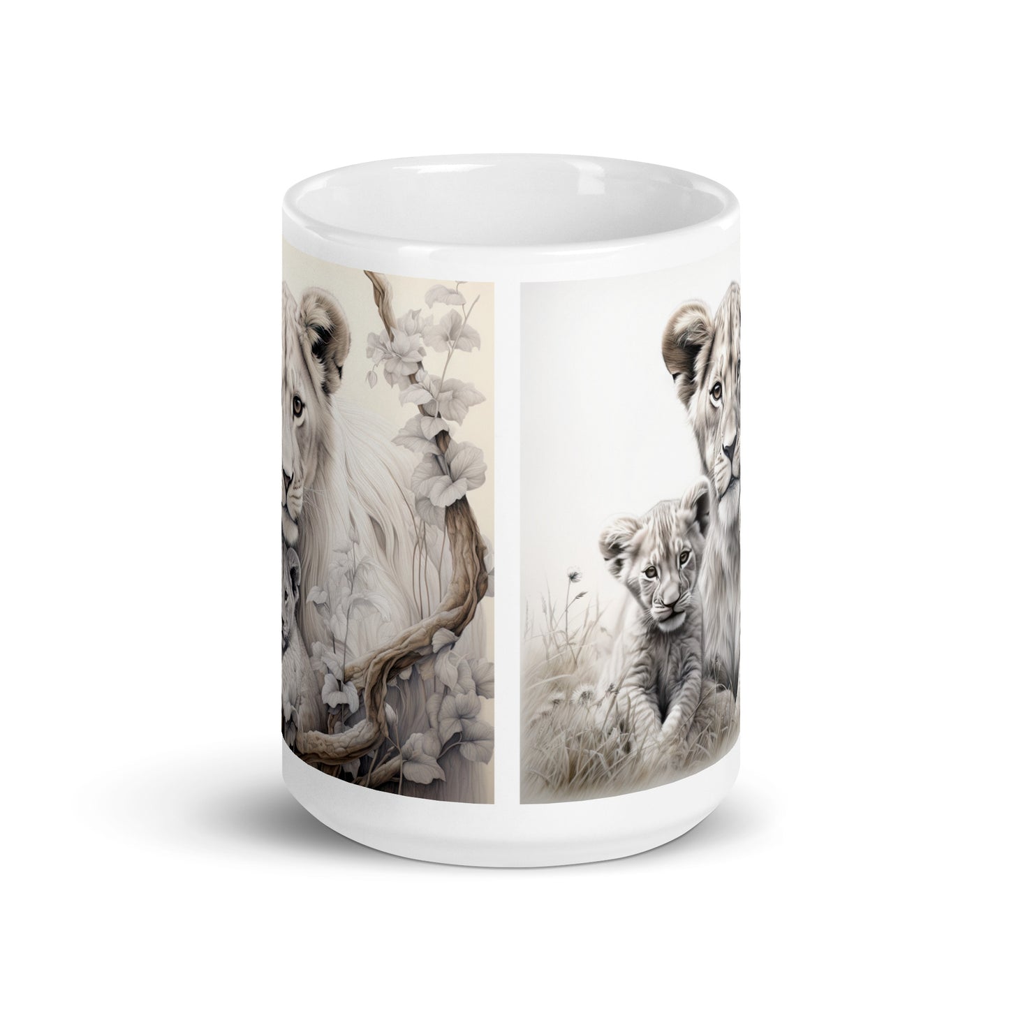 White glossy mug - Female Lion with Cubs 1