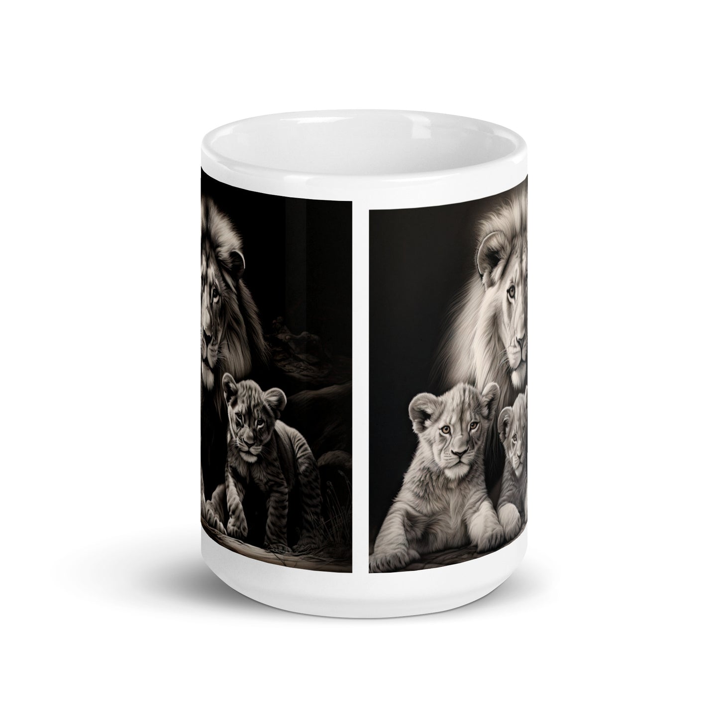 White glossy mug - Male Lion with Cubs 1