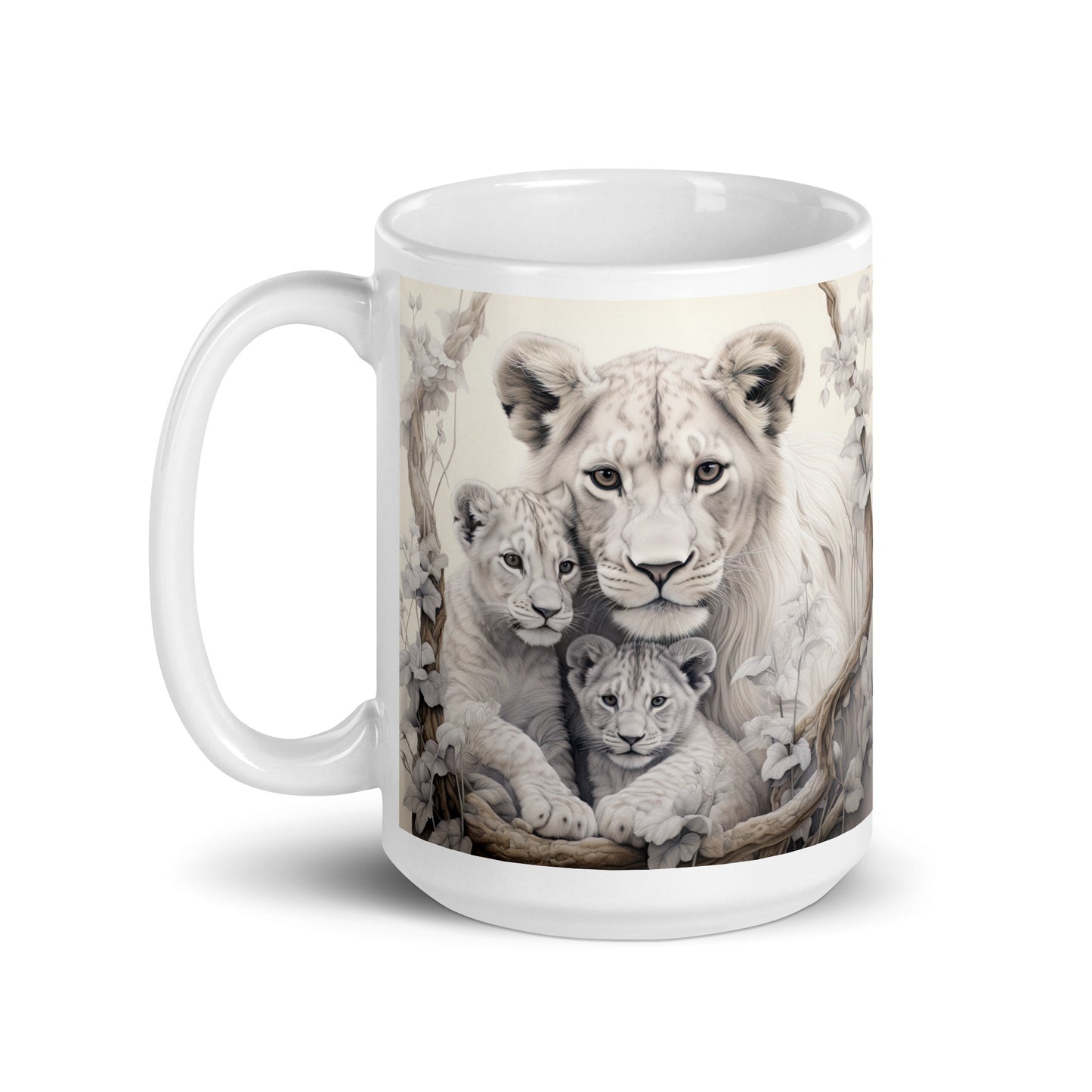 White glossy mug - Female Lion with Cubs 1