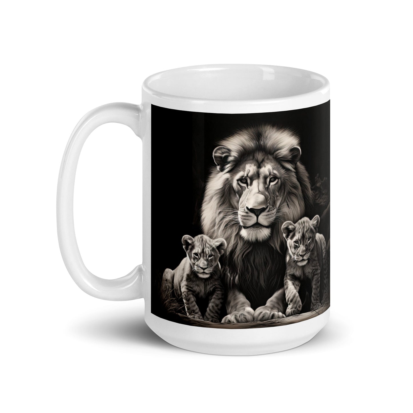 White glossy mug - Male Lion with Cubs 1