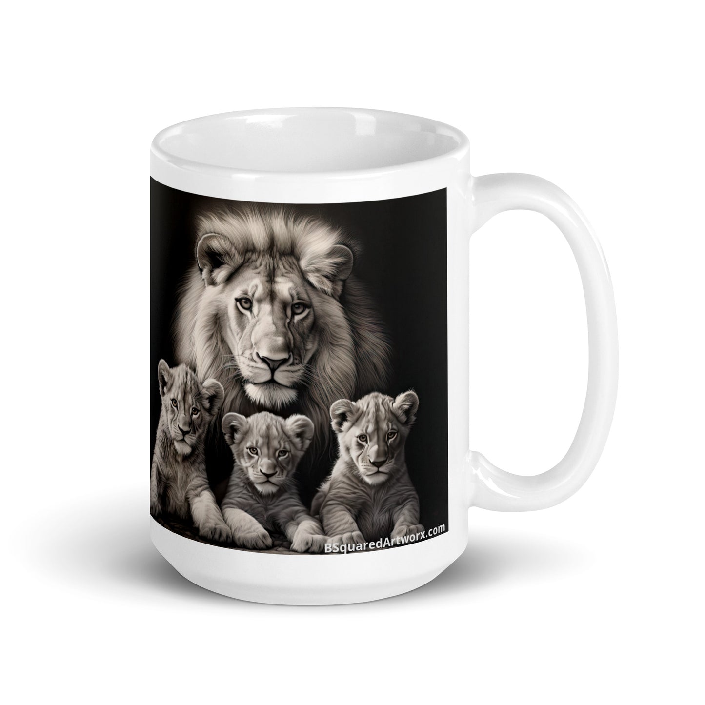 White glossy mug - Male Lion with Cubs 1