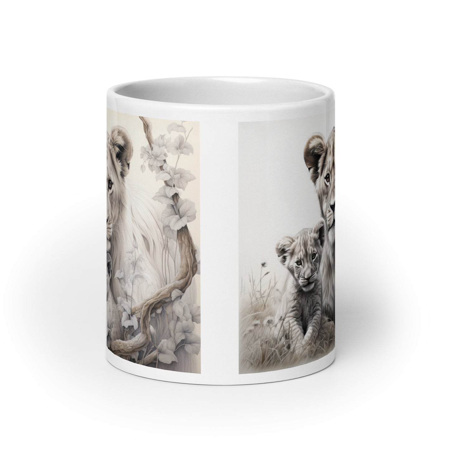 White glossy mug - Female Lion with Cubs 1