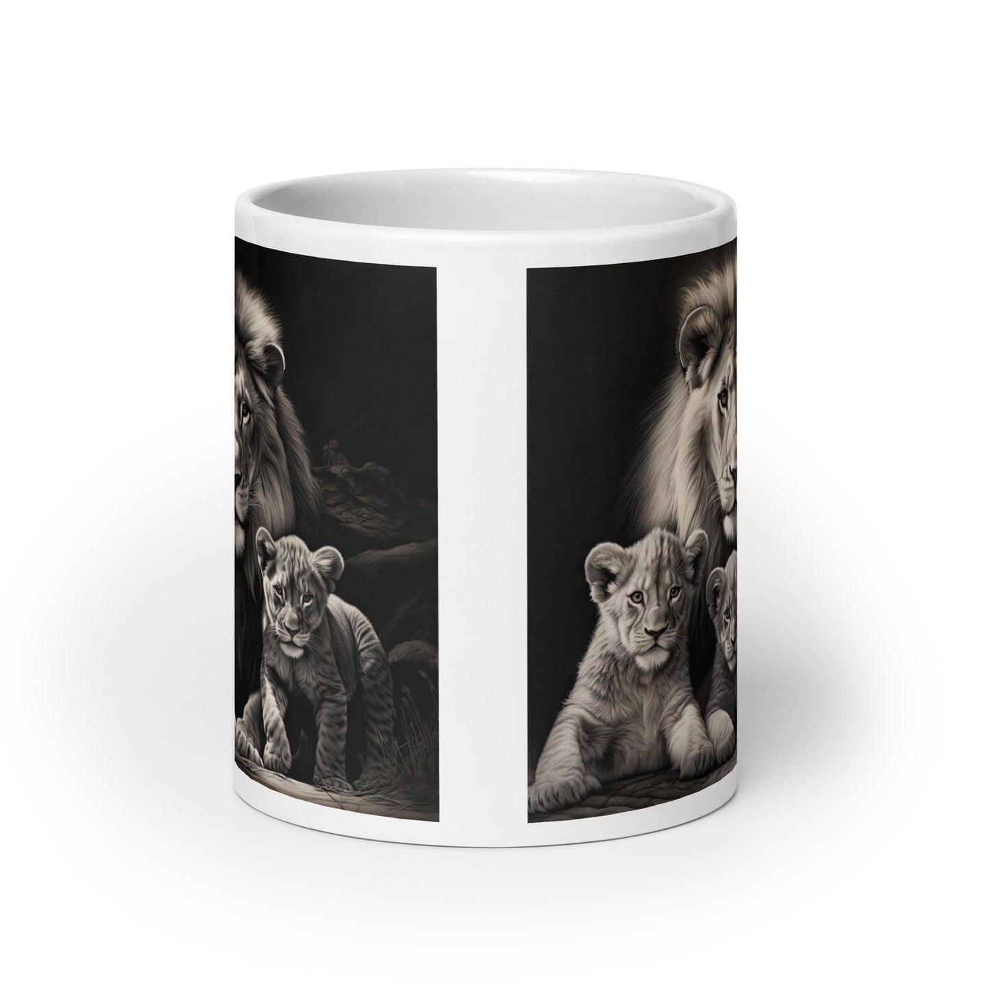 White glossy mug - Male Lion with Cubs 1