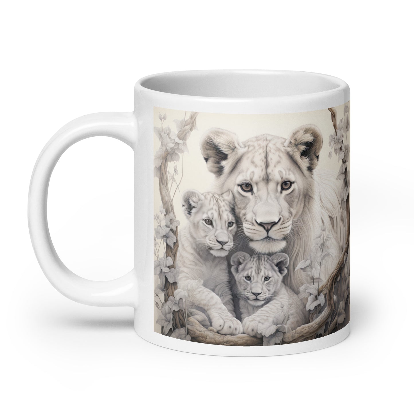 White glossy mug - Female Lion with Cubs 1