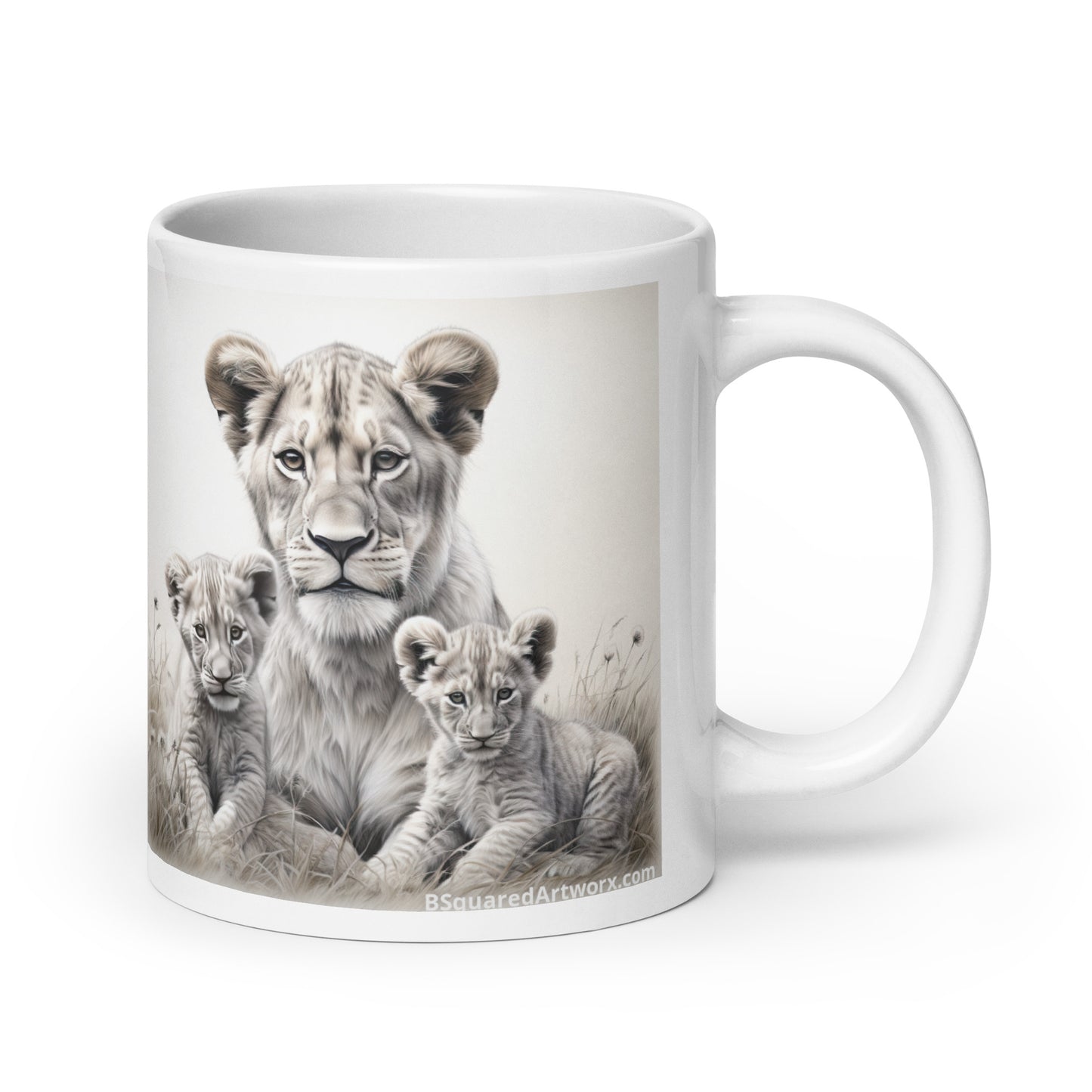 White glossy mug - Female Lion with Cubs 1