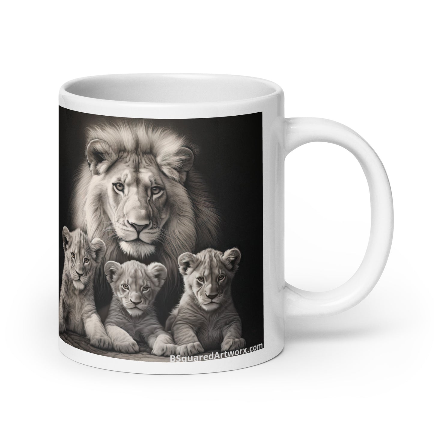 White glossy mug - Male Lion with Cubs 1